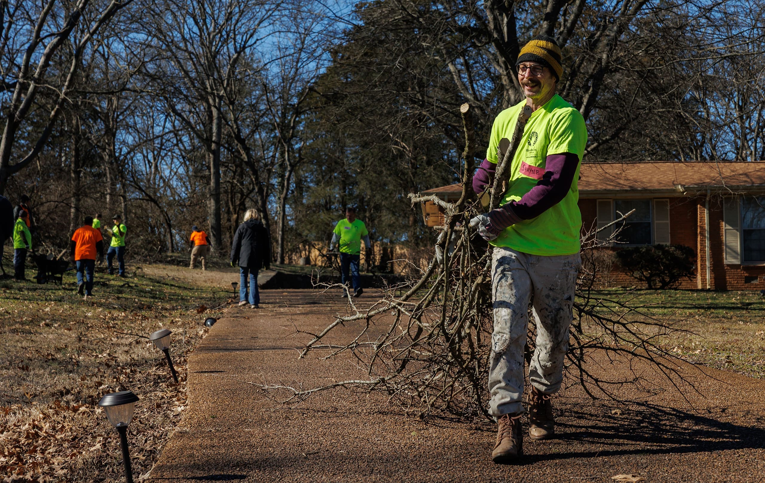 stocking shelves at a food bank
